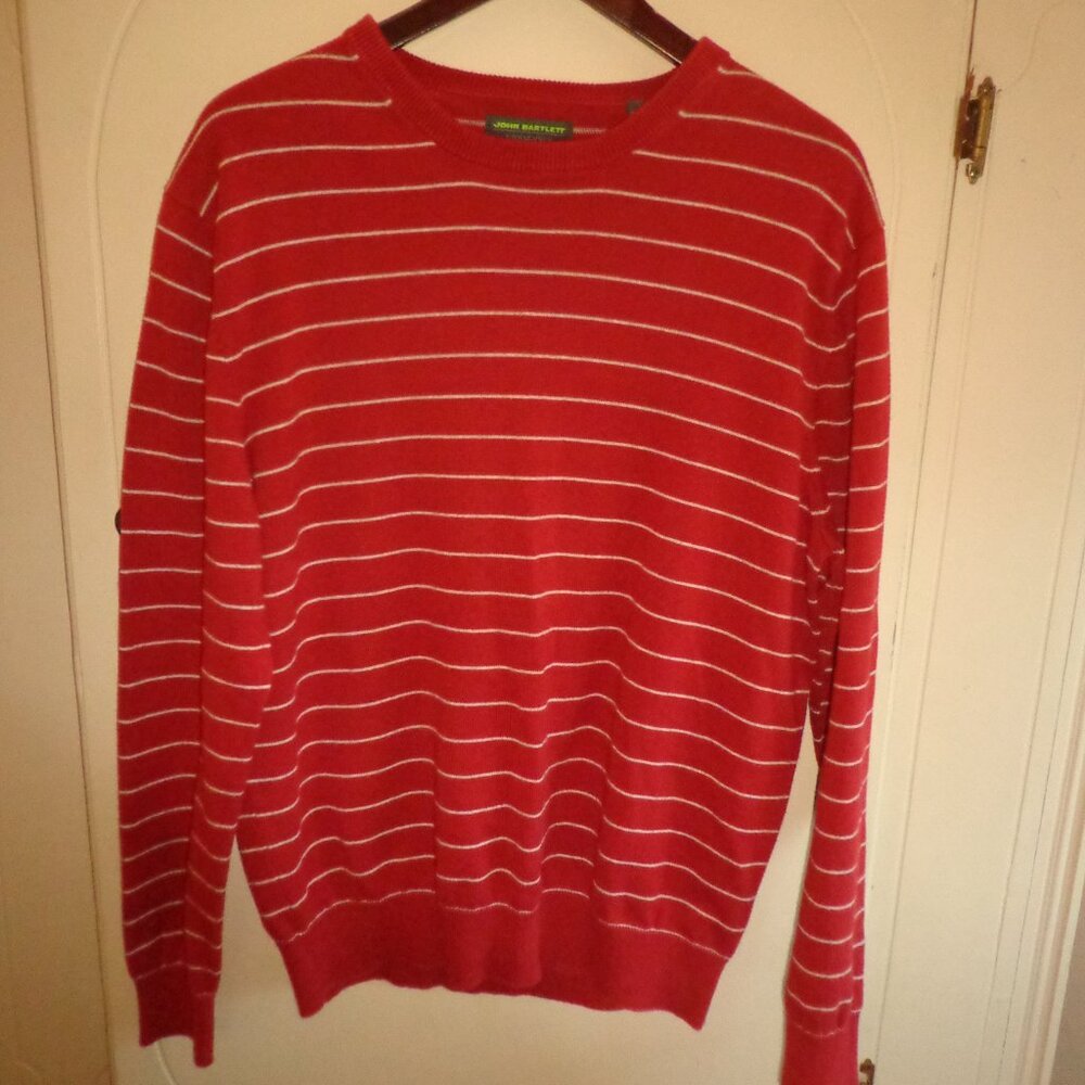 NWOT JOHN BARTLETT Knit Sweater M's L Stripes Crew Neck Pin Stripes Dk Barn Red